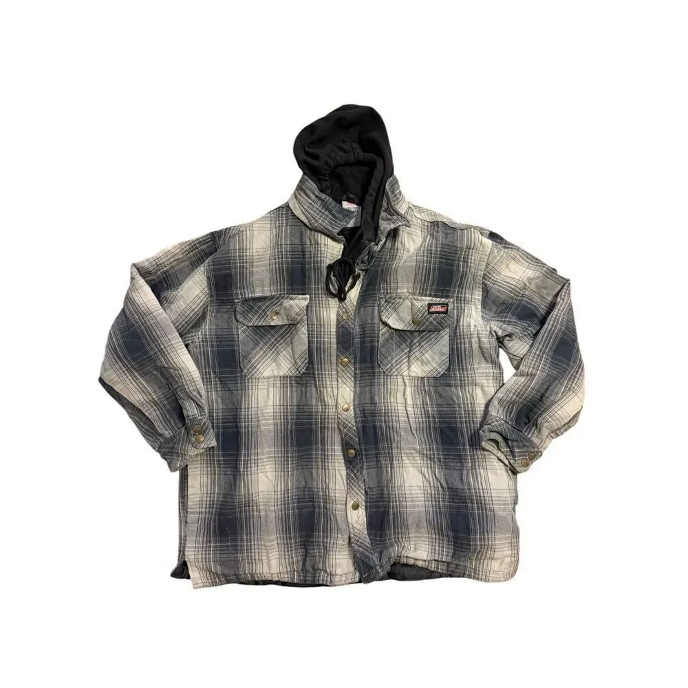 Dickies Relaxed Fit Flannel Hooded Shirt Jacket Black Gray Plaid Pattern 2XL